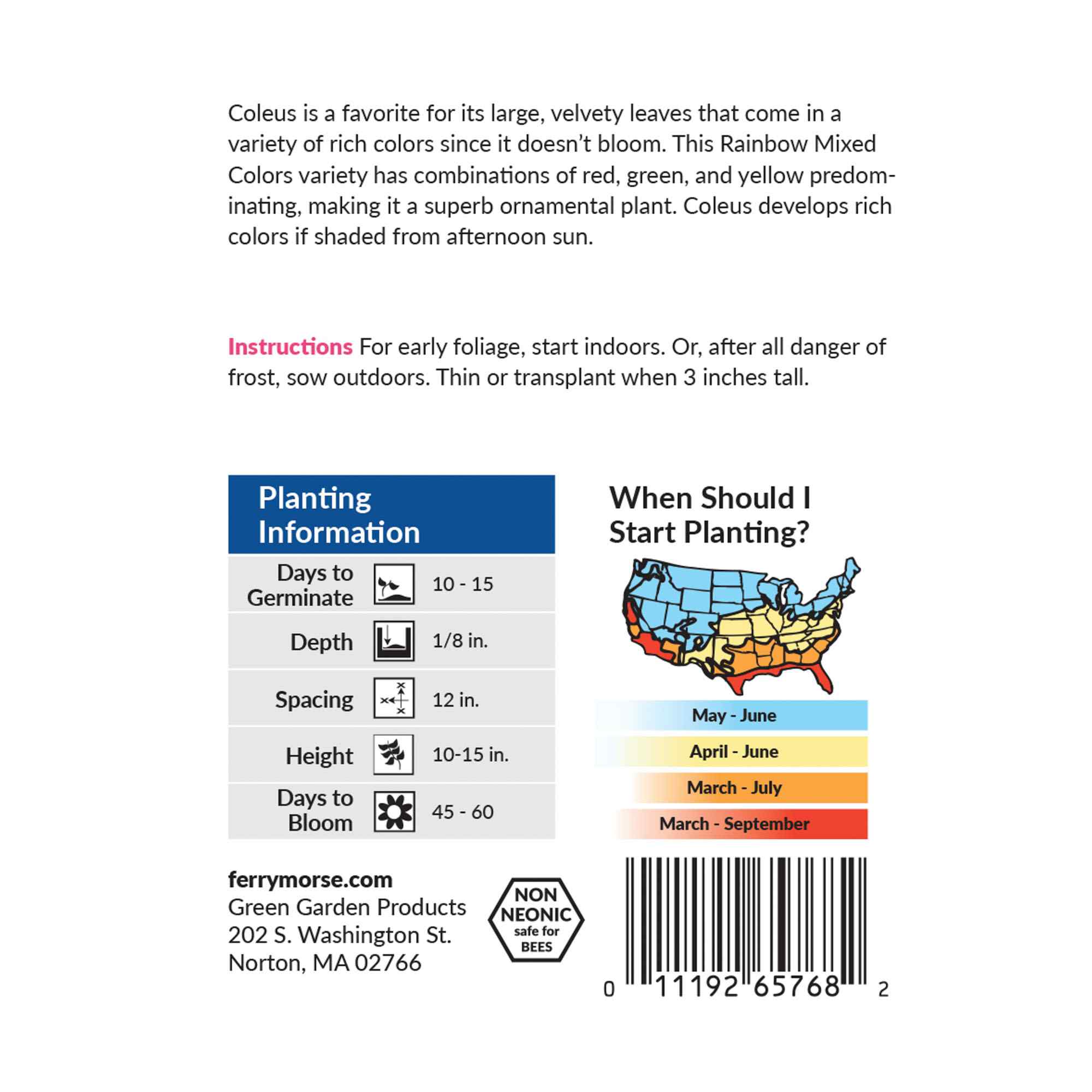 Gardening label with plant information and planting instructions on a white background